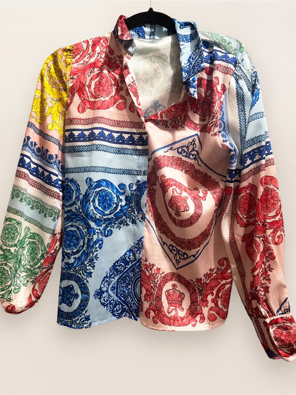 Colorblock Baroque Print Button-Up Shirt - Multicolor